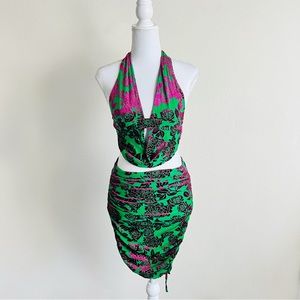 Green & Magenta Velvet Floral Cut Out Halter Top & Ruched Mini Skirt Set